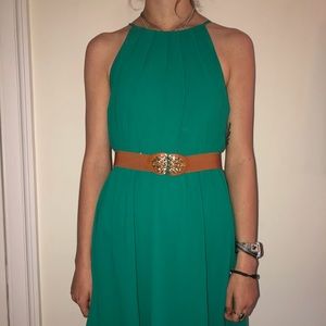Green High Neck Pleated Formal Dress